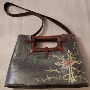 Vitage WaBags Hard Leather Purse Shoulder Bag Hand Painted Silver Metallic